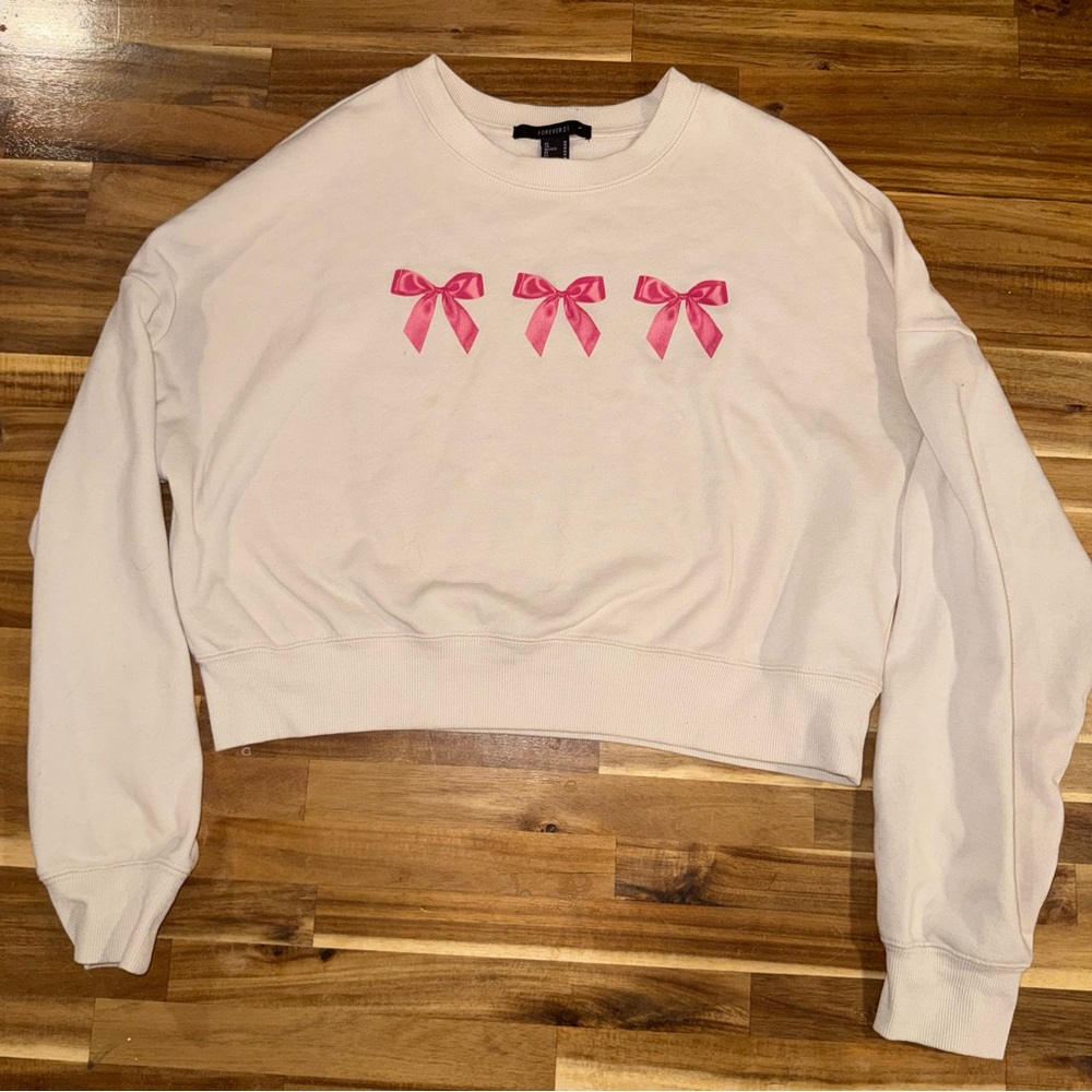 Forever 21 Cropped Cream Sweatshirt with Pink Bow Accents